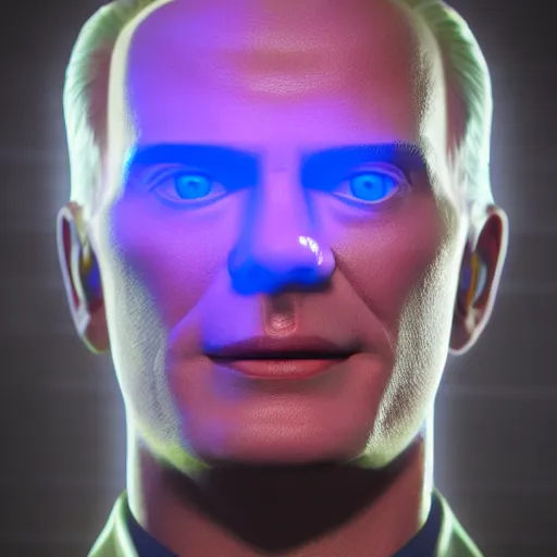 Image similar to a 3 d render of max headroom on tv, octane render, unreal engine, hyperrealism, 8 k, trending on artstation, ultra detailed, volumetric lighting, dramatic lighting, lasers, neon