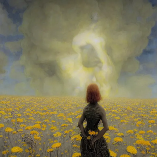 Image similar to A portrait of a woman wearing clothes made out of thunder clouds and flowers, apocalypse, silhouettes floating in the air in the background, yellow skin, Masterpiece, glowing, wires everywhere, by Edgar Maxence and Ross Tran, Zdzisław Beksiński, and Michael Whelan, distant, gustav dore, H.R. Giger, 8k, octane render