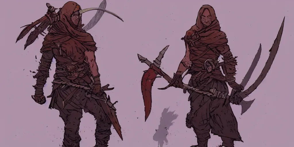 Image similar to warrior character design, idle, colored, sword, sprite, darkest dungeon, pc game, sideview, art by moebius and greg rutkowski.