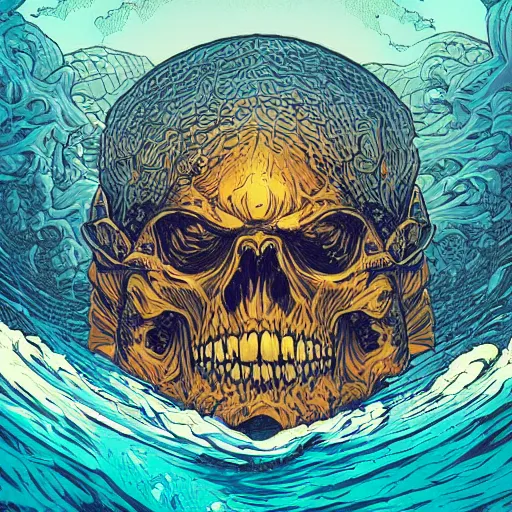 Prompt: a mountain of skulls amidst the ocean, photograph, realistic, morning light, dan mumford color scheme