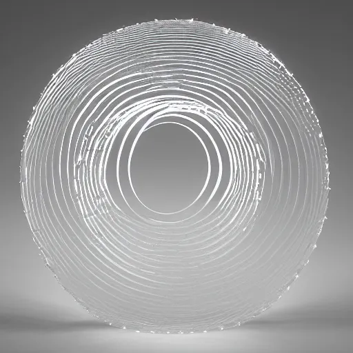 Image similar to a sculpture of three concentric rings made of clear crystal casting caustics on a white table morning light