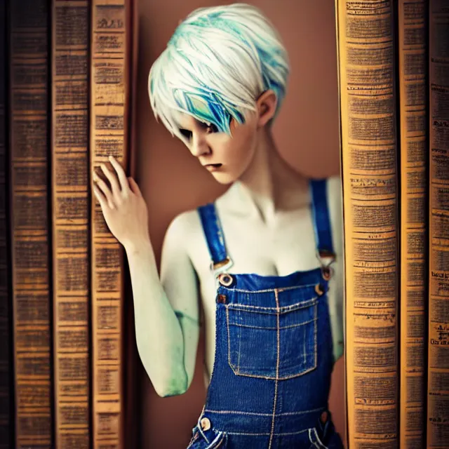 Image similar to full body pose, beautiful adult fairy, pixar, short white hair shaved sides, dirty, grungy, grunge, long sleeve, painted overalls, stacks of giant books, highly detailed, 4 k, hdr, smooth, sharp focus, high resolution, award - winning photo, artgerm, photorealistic