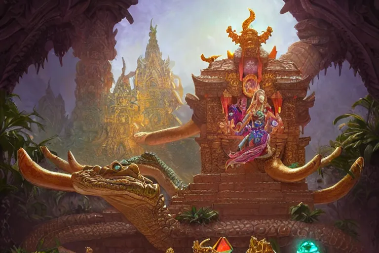 Image similar to crocodile god temple adorned with gemstones and treasures, deep focus, d & d, fantasy, intricate, elegant, highly detailed, digital painting, artstation, concept art, matte, sharp focus, illustration, hearthstone, art by artgerm and greg rutkowski and alphonse mucha