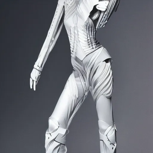 Image similar to Battle armor designed by Zaha Hadid, fashion photography