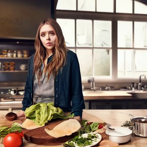 Image similar to elizabeth olsen cooking in kitchen, highly detailed, photorealistic portrait, bright studio setting, studio lighting, crisp quality and light reflections, unreal engine 5 quality render