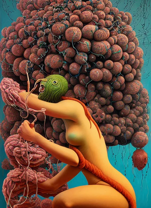 Image similar to hyper detailed Oil painting - Ramona Flowers Eats of the Strangling Fruit and Her gossamer polyp blossoms bring iridescent fungal flowers whose spores black the foolish stars by Jacek Yerka, Mariusz Lewandowski, Abstract brush strokes, Masterpiece, Edward Hopper and James Gilleard, Zdzislaw Beksinski, Mark Ryden, Wolfgang Lettl, hints of Yayoi Kasuma