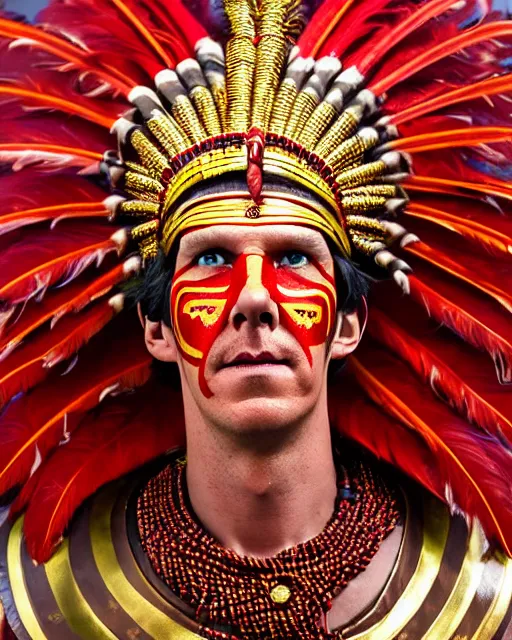 Prompt: photo of Benedict Cumberbatch as a Dramatic Theyyam male dancer with red indian headgear painted face wearing Roman soldier metallic armour with traditional theyyam costume in the style of stefan kostic, full body, feather native american headgear, realistic, sharp focus, symmetric, 8k high definition, insanely detailed, intricate, elegant, art by stanley lau and artgerm, Hajime Sorayama, William-Adolphe Bouguereau