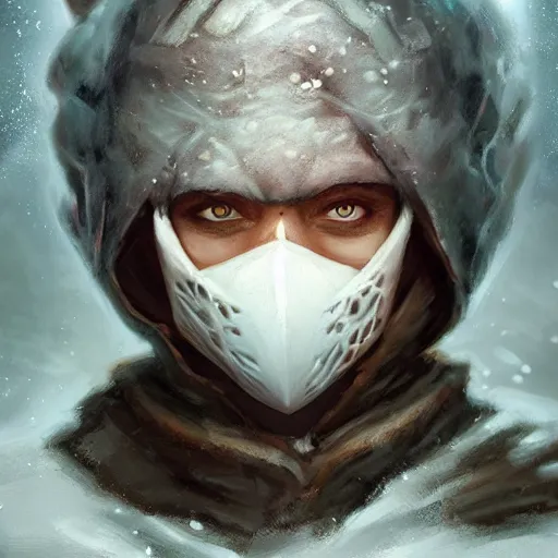 Image similar to a fantasy snow bandit from ‘ icewind dale ’ with a mask on, frost gem, ice, ‘ icewind dale 2 ’ profile portrait by ‘ justin sweet ’, falling snow, soft focus, illustrated, oil paint, artstation