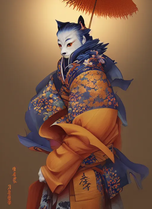 Image similar to kitsune samurai in autumn color kimono holding a blue sparrow, subsurface scattering, by jesper ejsing, justin gerard, tomasz alen kopera, cgsociety and fenghua zhong, highly detailed, rim light, cinematic lighting, illustration, art, octane render, very coherent, cinematic, hyper realism, high detail, octane render, 8 k