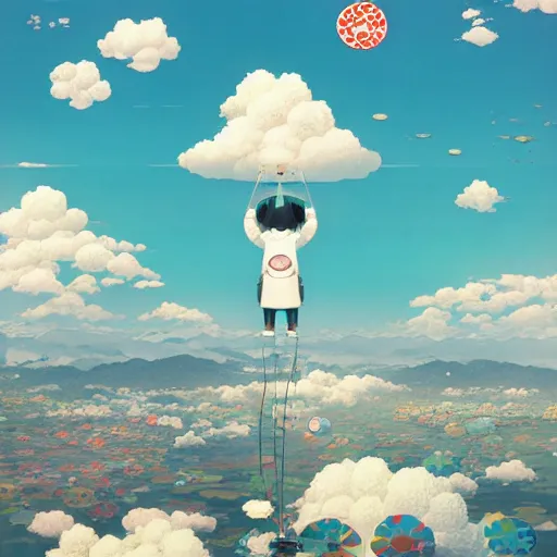 Image similar to a man walking on clouds away from the camera above kyoto by takashi murakami, beeple and james jean, aya takano color style, 4 k, super detailed, modern, 4 k, symmetrical