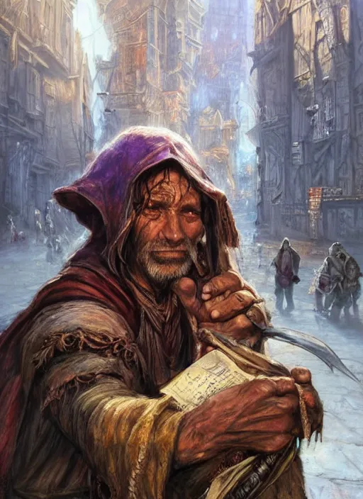 Prompt: immigrant poor beggar on the streets, ultra detailed fantasy, dndbeyond, bright, colourful, realistic, dnd character portrait, full body, pathfinder, pinterest, art by ralph horsley, dnd, rpg, lotr game design fanart by concept art, behance hd, artstation, deviantart, hdr render in unreal engine 5