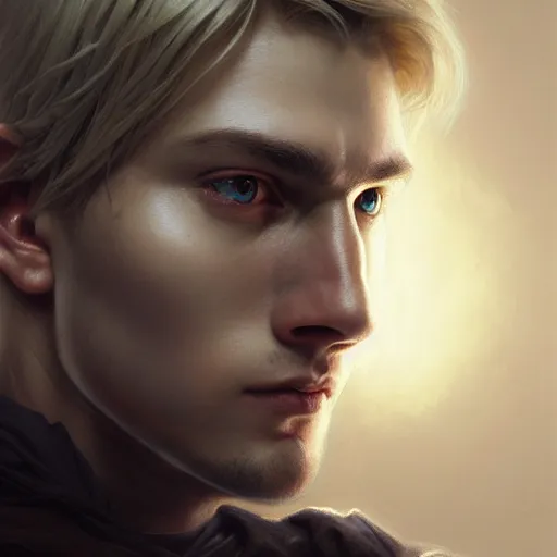 Image similar to portrait painting of a young melancholic man with a soft face and short light blonde hair wearing armor, ultra realistic, concept art, intricate details, eerie, highly detailed, photorealistic, octane render, 8 k, unreal engine. art by artgerm and greg rutkowski and charlie bowater and magali villeneuve and alphonse mucha