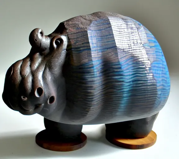 Image similar to a sculpture of hippo baby, bottom half wood!!!!! carved, top half blue translucid resin epoxy, cubic blocks, side view centered, studio