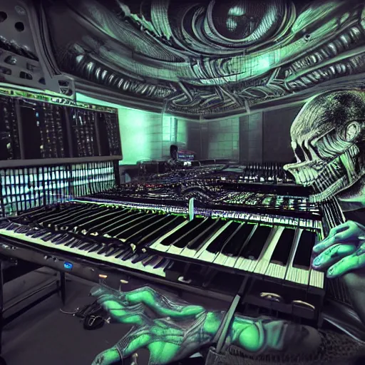 Prompt: huge audio production station and woman interconnected hybrid in the style of h.r. giger, keyboards, synthesizers, airbrush, canvas, biomechanical, surreal, nightmarish, cold, 8k, highly detailed, ultra-realistic, octane render,