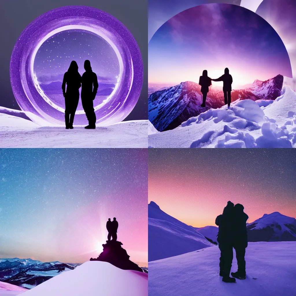 Prompt: two silhouettes standing on top of a snowy mountain at night looking at a glowing portal to another dimension, purple tones