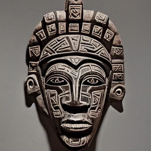 Image similar to photo portrait of precolumbian aztec shamanic metal face mask with fine detail engravings and runes cultist lord rich baron by Diane Arbus and Louis Daguerre