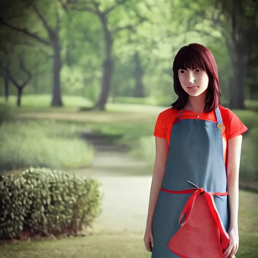 Prompt: a beautiful full body portrait of a young woman wearing an apron standing in a park, kantoku, james gilleard, very detailed, matte, gaussian blur, tone mapped