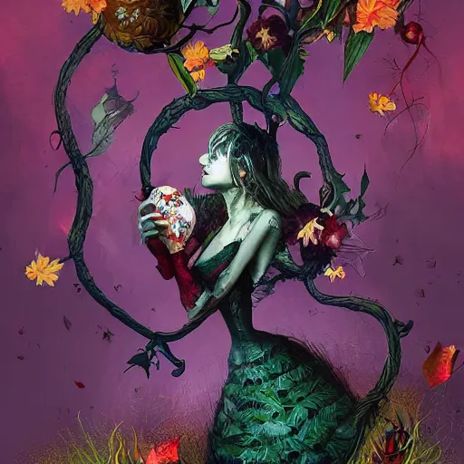 Image similar to Hell and heaven, captured in bottles, a heart full of envy, The Autumn Plague Gardener, the theme of Alice in Wonderland, digital painting, its softness partakes of fluidity, illustration, deep dark, artstation, intricate, biodiversity in a world of change and constancy, ue5, by deiv calviz and bossmonsterbani