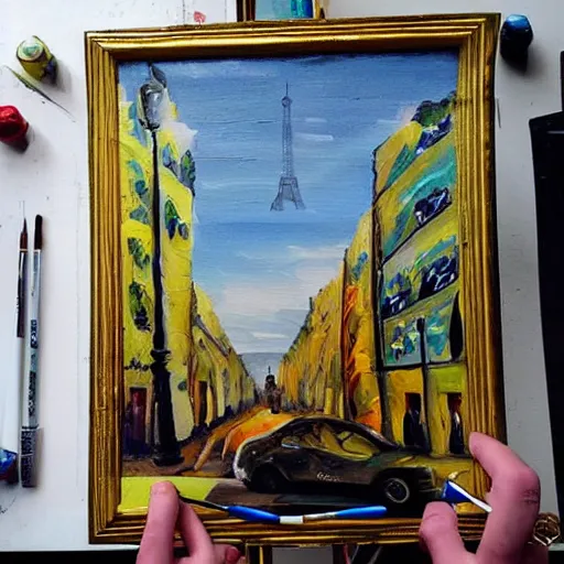 Prompt: “Android painting a painting of another android in Paris”