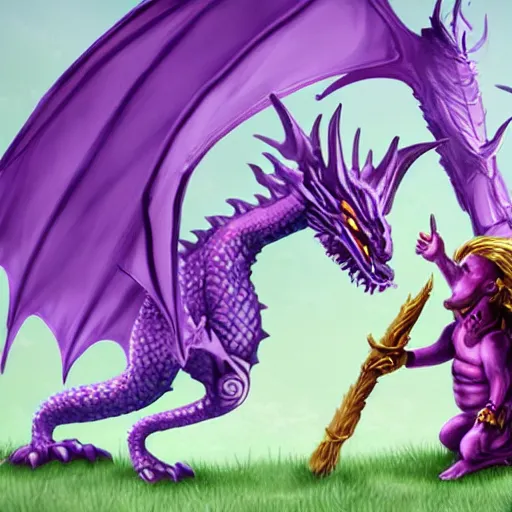 Image similar to purple dragon taming a gnome, fantasy illustration