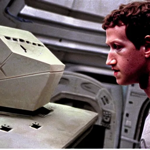 Image similar to a broken mark zuckerberg android leaking white fluid on the spaceship Nostromo from the movie Alien.