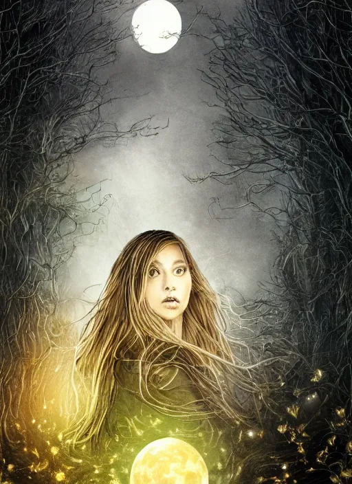 Image similar to glowing silver and golden elements, full close-up portrait, A beautiful dark witch in front of the full big moon, book cover, green forest, red white black colors, establishing shot, extremly high detail, foto realistic, cinematic lighting, pen and ink, intricate line drawings, by Yoshitaka Amano, Ruan Jia, Kentaro Miura, Artgerm, post processed, concept art, artstation, matte painting, style by eddie, raphael lacoste, alex ross