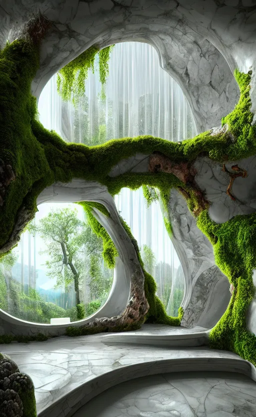 Image similar to highly detailed villa natural beautiful light interior soft cinematic composition of a smooth ceramic porcelain biomorphic magnolia stone nebula fluid sci - fi surreal colorful architecture landscape, furniture, granite, trees, marble, moss, lichen, fungi, vincent callebaut composition, mamou - mani, archviz, 8 k, unreal engine, hdr