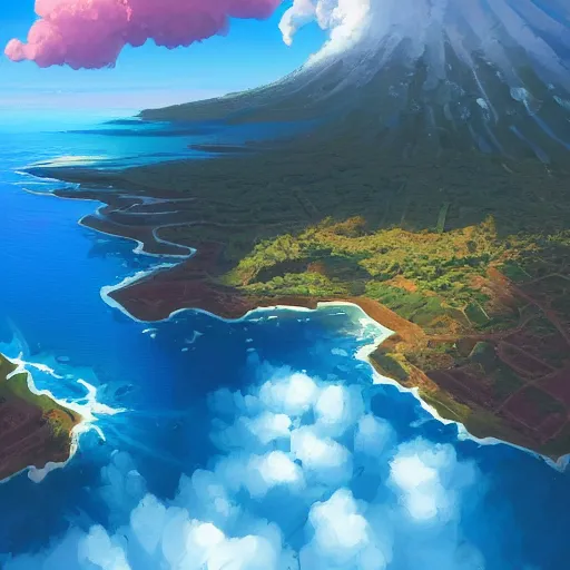 Image similar to a painting a breathtaking aerial view of Hawaiian islands, surrounded by palm trees, clouds, flowers, volcano, azure ocean, sunlight glistening, glow, , a detailed matte painting by sylvain sarrailh, Stephan Martinière, by RHADS, Makoto Shinkai, bokeh, Artstation contest winner, fantasy art, concept art, #vfxfriday