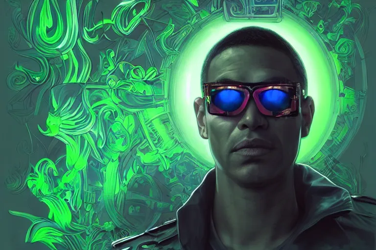 Prompt: Extremely funny portrait of a glowing translucent body glowing male police officer wearing cool shades. Green fluorescent aura around the officer, wide angle, magic, green fire, darkness, dramatic lighting, Africa, intricate, wild, highly detailed, digital painting, artstation, concept art, smooth, sharp focus, illustration, art by artgerm and greg rutkowski and alphonse mucha, footage from space camera