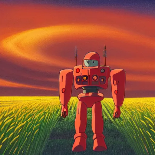 Prompt: a giant red robot walking in a wheat field landscape at night by hayao miyazaki