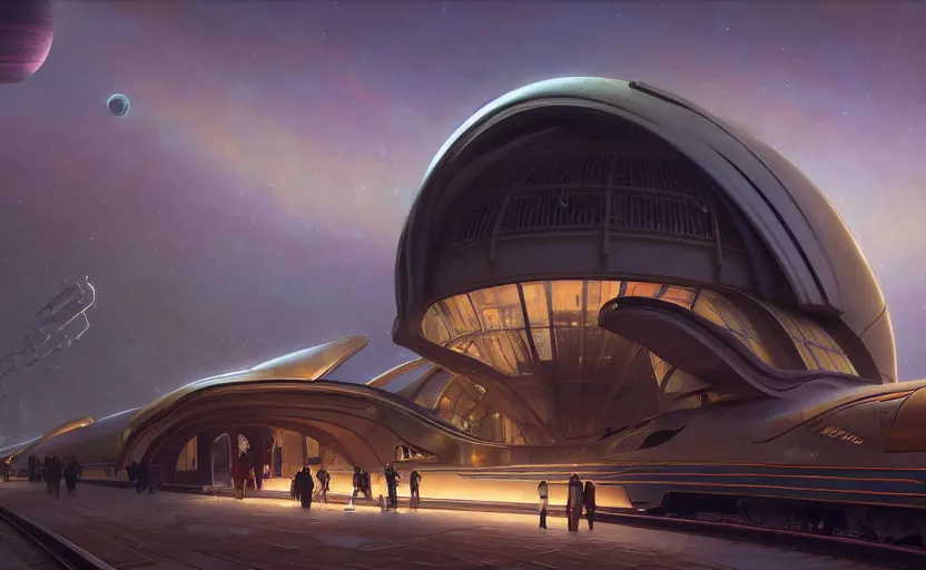 Image similar to exterior shot of utopian train station on the edge of the space with cinematic lighting by zaha hadid and renzo piano, darek zabrocki and greg ruthkowski, alphonse mucha, simon stalenhag, cinematic, holy place, paradise, scifi, futurism, atmospheric, dusk, concept art, artstation, trending on artstation