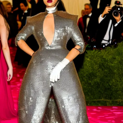 Image similar to A anthro metal fork at the Met Gala, female with a fork for a head