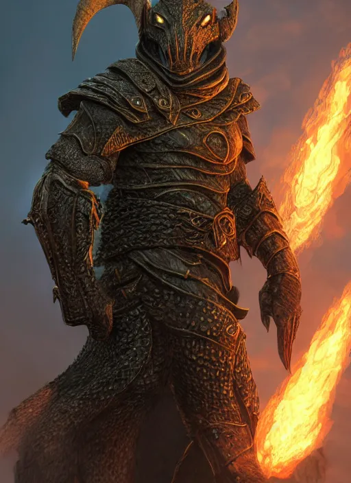 Image similar to dragonborn, ultra detailed fantasy, elden ring, realistic, dnd character portrait, full body, dnd, rpg, lotr game design fanart by concept art, behance hd, artstation, deviantart, global illumination radiating a glowing aura global illumination ray tracing hdr render in unreal engine 5