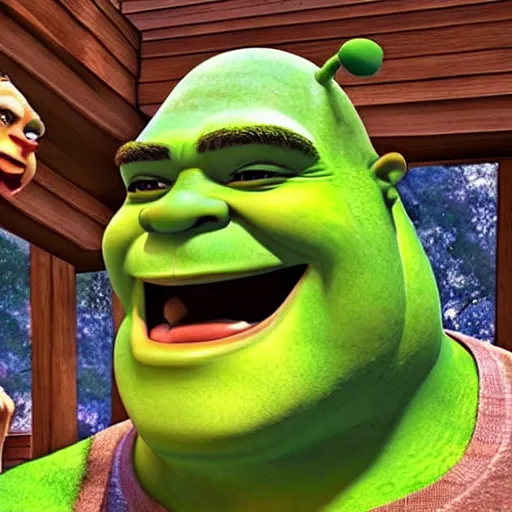 Image similar to two beautiful mature shrek in a summer home, casual summer clothes, gorgeous faces, thick lines, cinematic lighting, detailed anime art