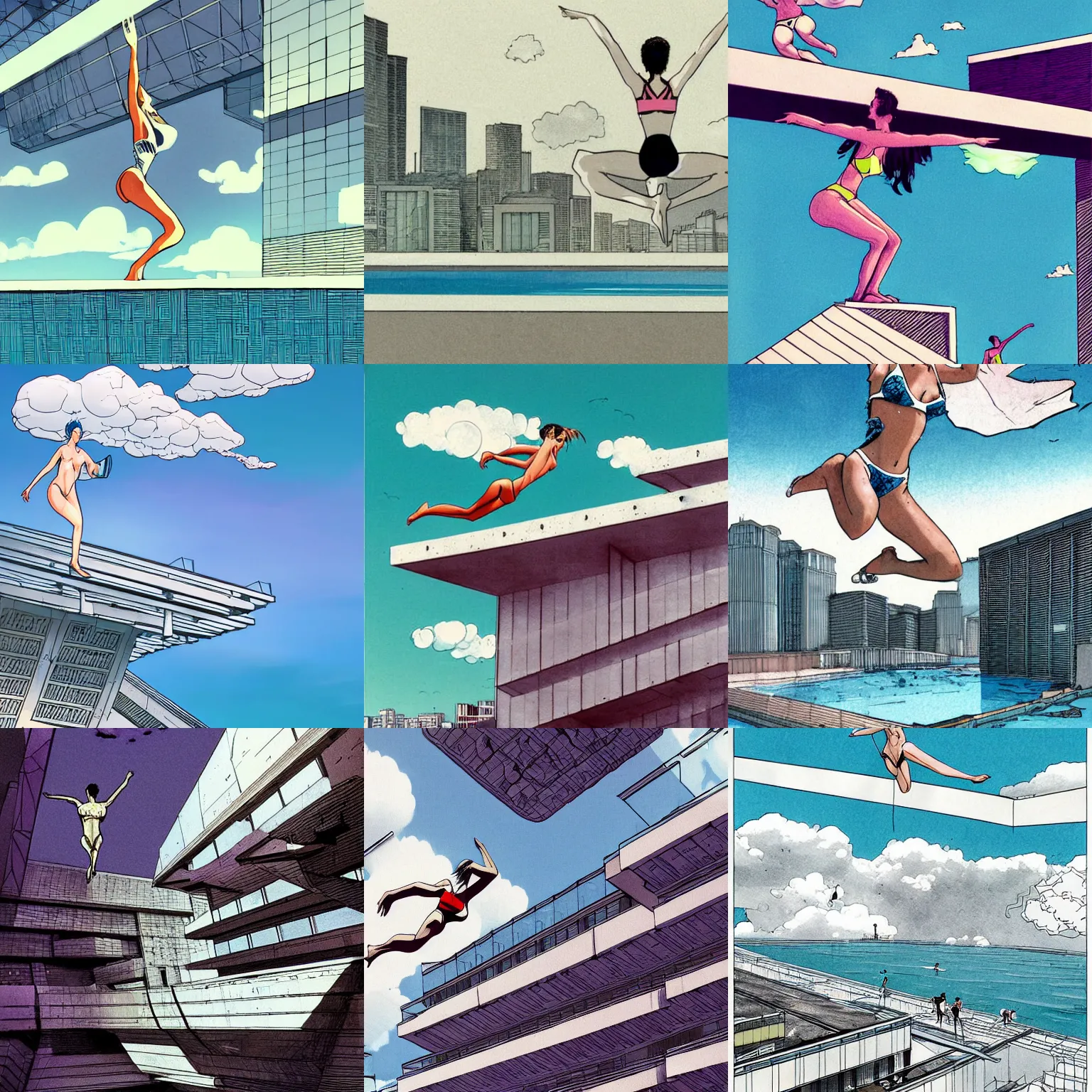 Prompt: urban brutalist flying white architecture with beautiful clouds, digital illustration, bright color palette, style by moebius, beautiful woman in bikini jumping into cantilevered pool