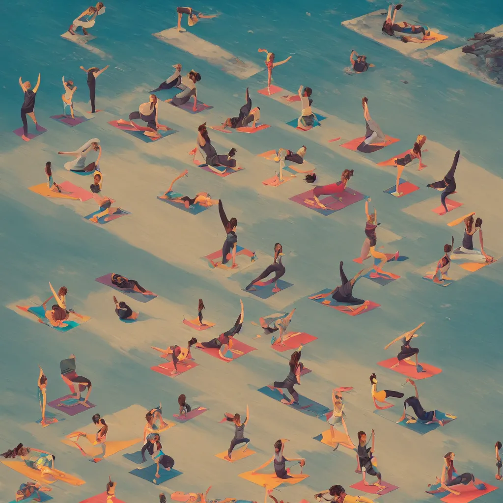 Prompt: inlego people doing yoga on beach , hyper details, cartoon, hyperrealistic intricate details, by Peter Mohrbacher, trending on artstation, 8k