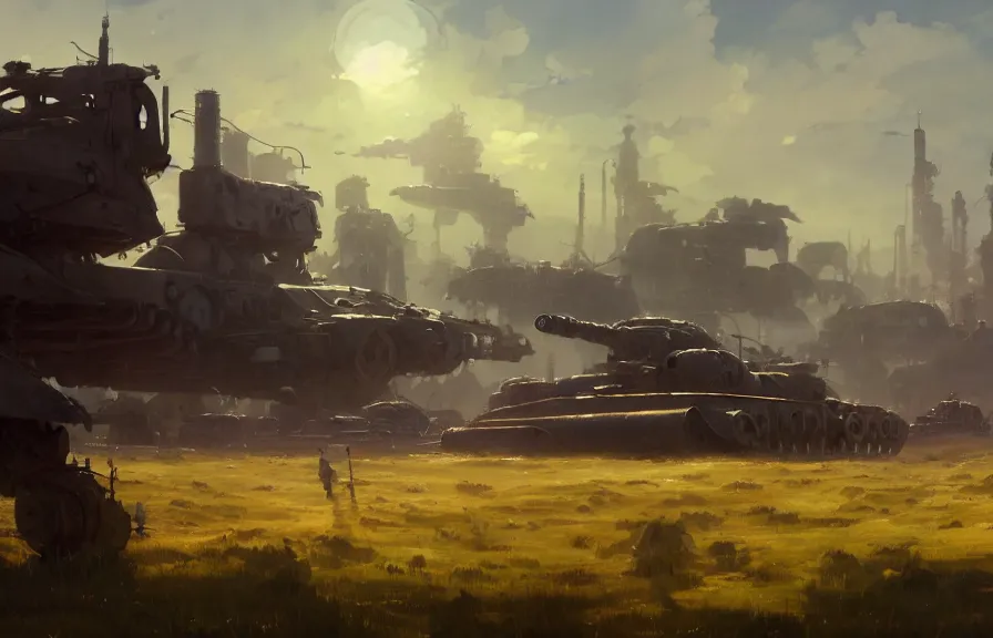 Image similar to concept art of an open field with ruined dieselpunk orcish tanks in the background, key visual, ambient lighting, highly detailed, digital painting, artstation, concept art, sharp focus, by makoto shinkai and akihiko yoshida and hidari and wlop