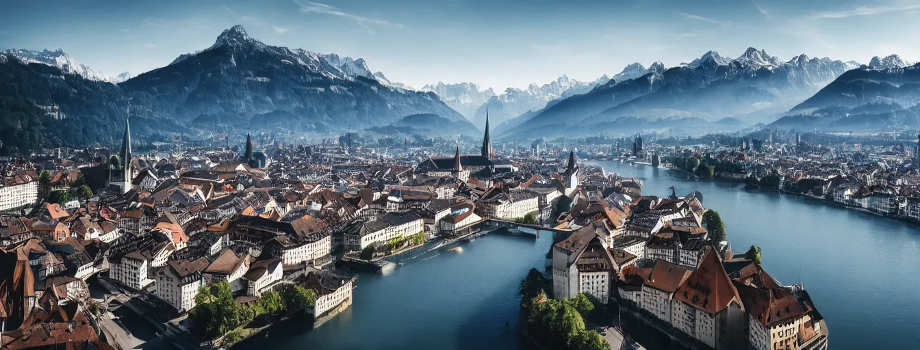 Image similar to Photo of Zurich, looking down the river at the lake and the alps, Hardturm, Grossmünster, wide angle, volumetric light, hyperdetailed, mountain water, artstation, cgsociety, 8k