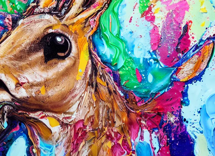 Prompt: still shot close up footage of a deer's head exploding and disintegrating into acrylic pour and splashing paint and dripping paint, thick impasto paint, embossed paint, big flying chunks of paint, motion blur, hyperrealistic, medical, intricate art photography, anatomically correct, realistic crisp textures, 1 6 k