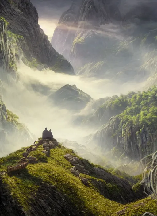 Image similar to a hooded monk in lord of the rings scenery landscape, huge buddhist temple on a mountain in the distance, river, lush valley, cosmic, god's rays, highly detailed, vivid color, cinematic lighting, perfect composition, 8 k, gustave dore, derek zabrocki, greg rutkowski, belsinski, octane render