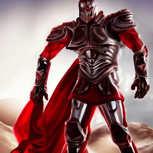 Image similar to portrait of a tall muscular infantry man in glossy sleek white armor with a few red details and a long red cape, heroic posture, deermined expression, on the surface of mars, night time, dramatic lighting, cinematic, sci-fi, hyperrealistic, movie still