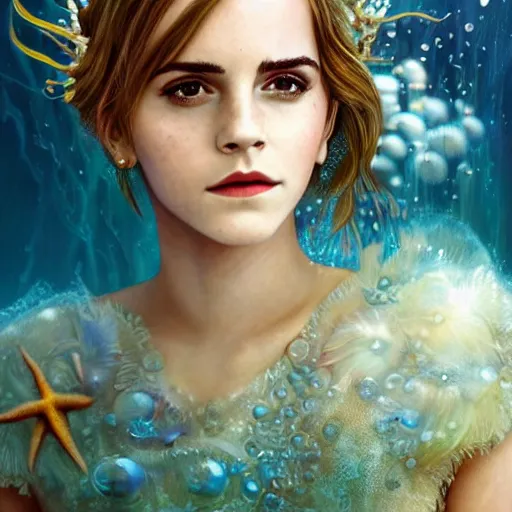 Prompt: emma watson portrait, fantasy, mermaid, hyperrealistic, game character, underwater, highly detailed, sharp focus, cinematic lighting, pearls, glowing hair, shells, gills, crown, water, highlights, starfish, jewelry, realistic, digital art, pastel, magic, fiction, ocean, king, colorful hair, sparkly eyes, fish, heroic, goddess, waves, bubbles, queen