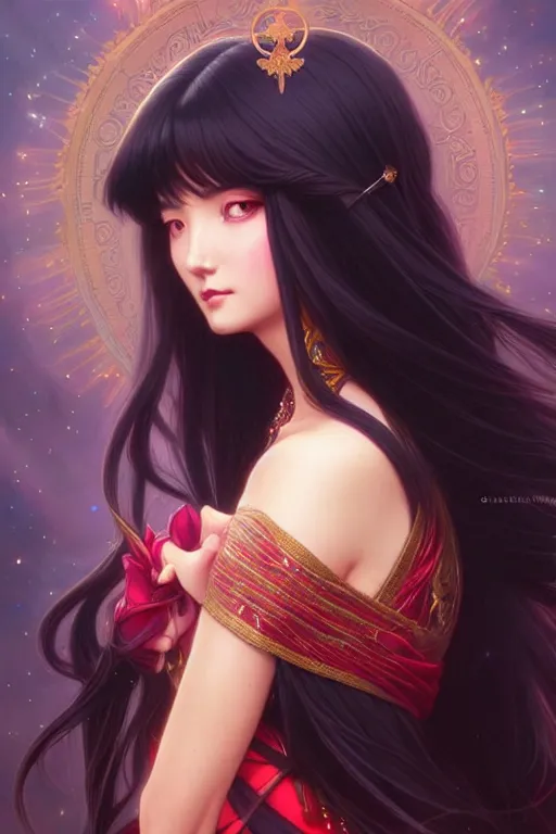 Image similar to a beautiful princess, long black hair and bangs, sailor mars aesthetic, fantasy, intricate, elegant, highly detailed, digital painting, artstation, concept art, matte, sharp focus, illustration, art by Artgerm and Greg Rutkowski and Alphonse Mucha