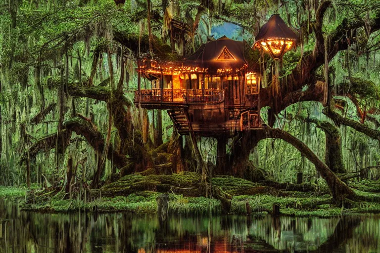 Image similar to an elaborate whimsical treehouse built over a mossy bayou at twilight, lit by lanterns, moody lighting, hyperdetailed photograph