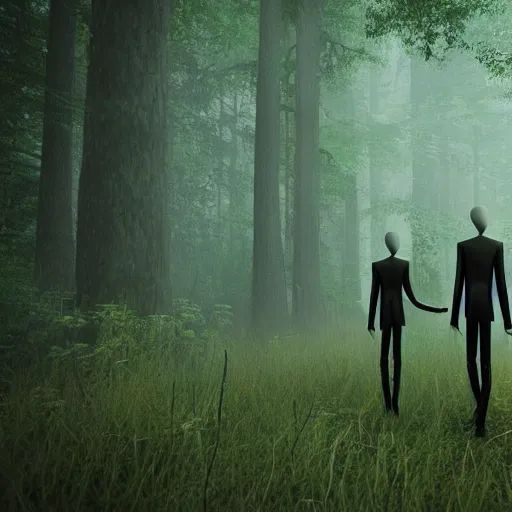 Prompt: slenderman and sirenhead walking through the forest, ultra realistic render,