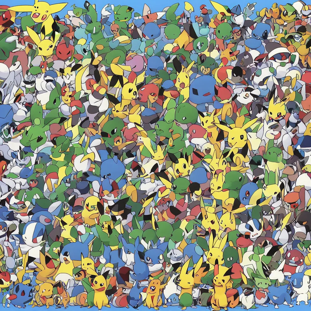 Prompt: official art of a diverse crowd of Pokemon, by Ken Sugimori, Bulbapedia