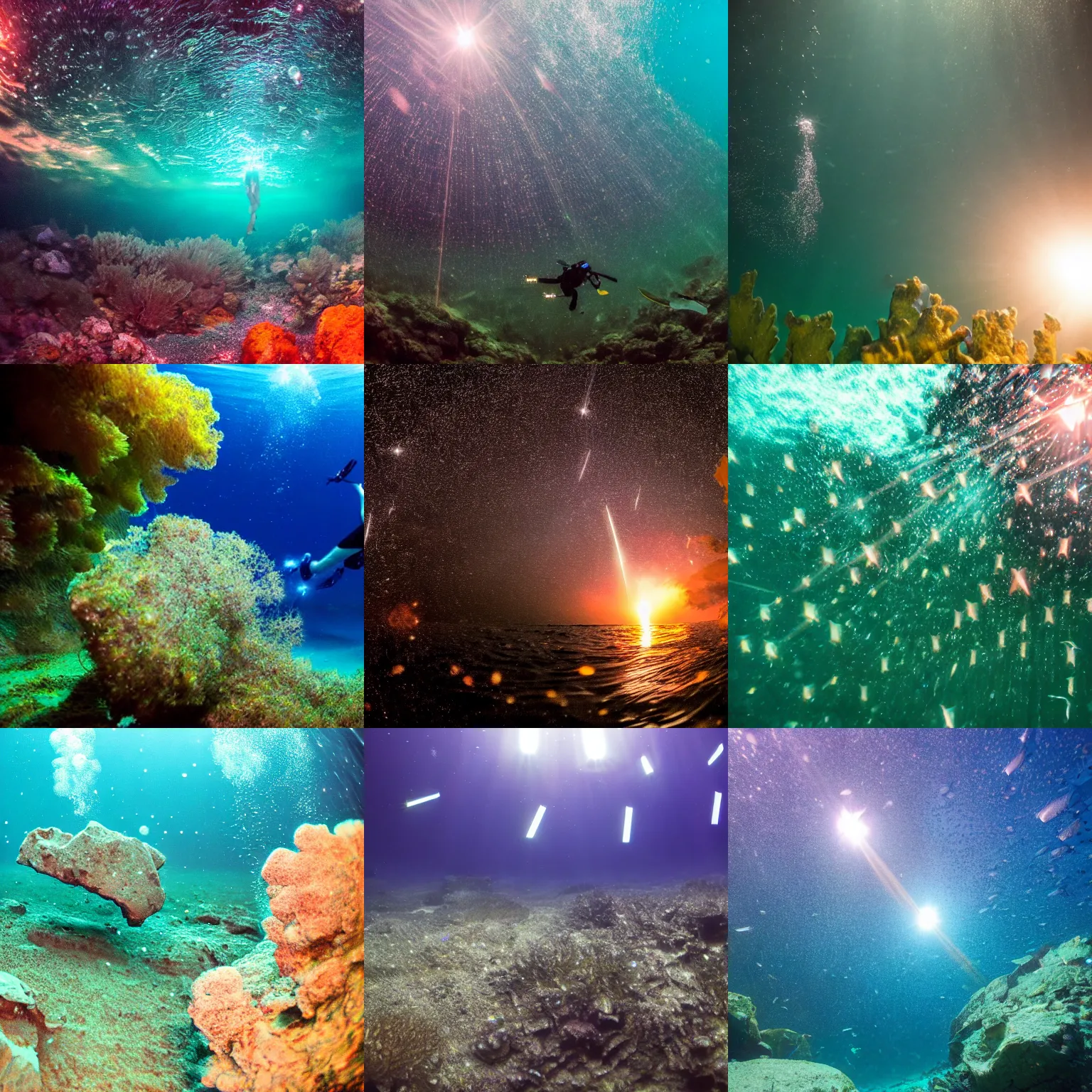 Prompt: underwater meteor shower, 4K underwater scuba photography