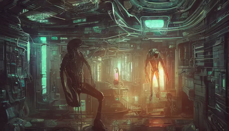 Image similar to Space alien prison with humans locked in the cells, hyperdetailed, artstation, cgsociety, 8k, squid monster astronaut, in a 1970s livingroom , full body portrait, well lit, intricate abstract. cyberpunk, intricate artwork, by Tooth Wu, wlop, beeple. octane render, trending on artstation, greg rutkowski very coherent symmetrical artwork. cinematic, hyper realism, high detail, octane render, 8k, minimalistic, hyperrealistic surrealism, award winning masterpiece with incredible details, a surreal vaporwave liminal space, highly detailed, trending on ArtStation