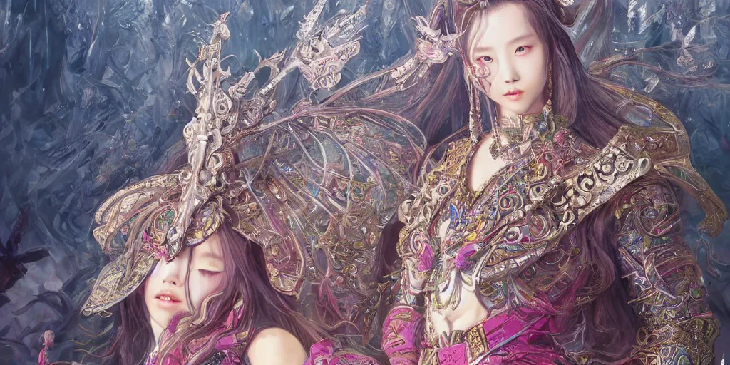 Image similar to an concept art of the korean queen surrounded by magic guards, long hair, makeup, intricate details, detailed face, detailed dress, one face, artstation, epic pose, colourful light, by kentaro miura and vasnetsov