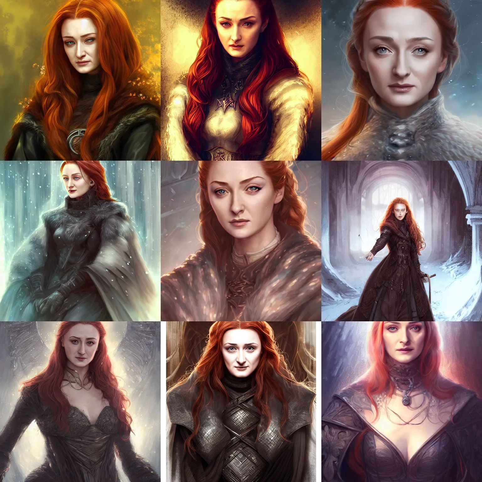 Prompt: a painting of sansa stark at age sixty five by artgerm and ross tran, highly detailed digital art, intricate environment, atmospheric lighting, deviantart